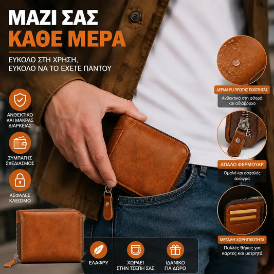 ✨🎁Ανδρικό ρετρό πορτοφόλι με φερμουάρ από απομίμηση δέρματος – δίπτυχη θήκη για κάρτες και κέρματα.