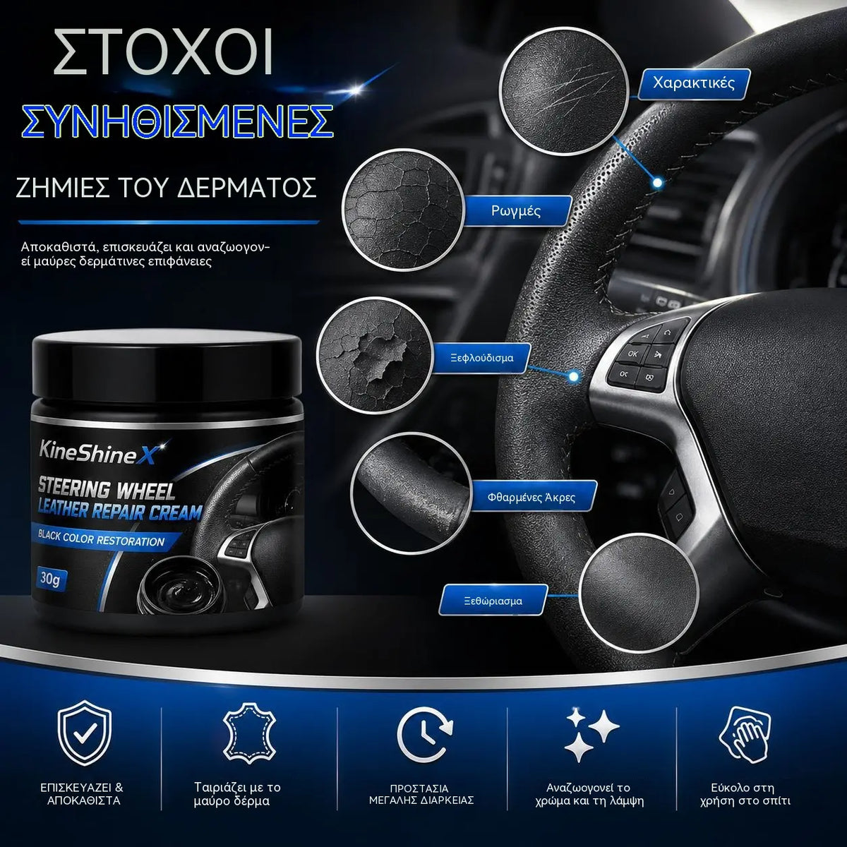 🚗✨Κρέμα δερμάτινου τιμονιού – Επισκευάζει, θρέφει, παρατείνει τη διάρκεια ζωής