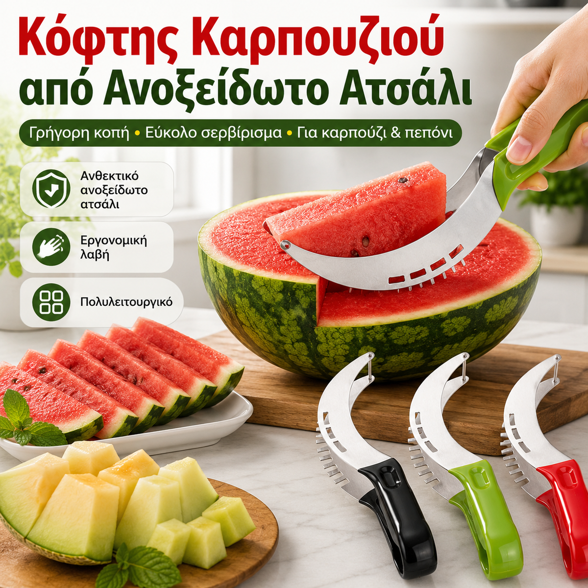 【💥Αγοράστε 2 και πάρτε 2 δωρεάν】Από ανοξείδωτο ατσάλι, μαχαίρι καρπουζιού τύπου ανεμόμυλου, αξεσουάρ κουζίνας