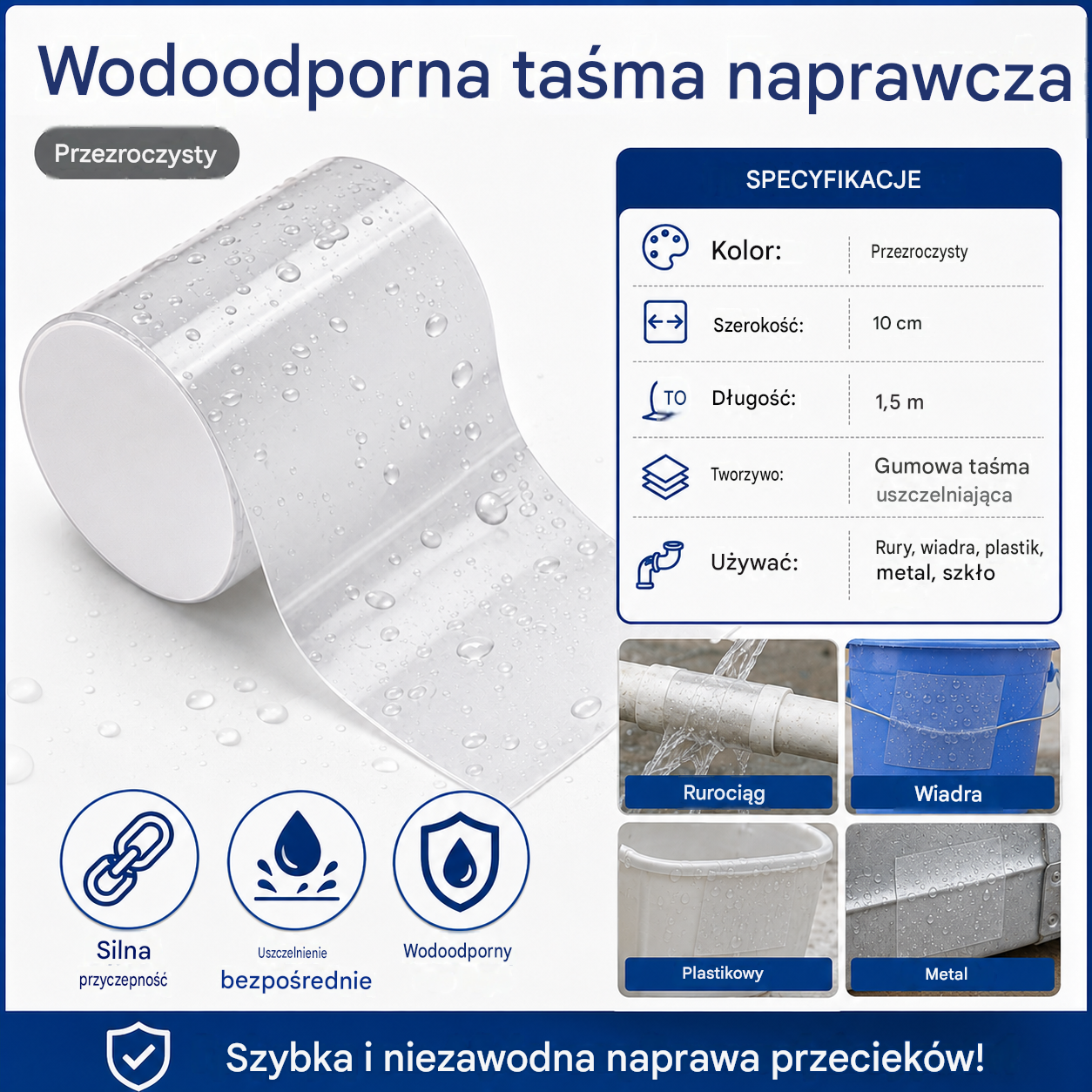 2 sztuka 89zł  🏠 Mocna, wodoodporna taśma naprawcza do rur, wiader i plastiku