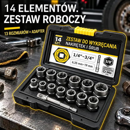 Zestaw 14 nasadek do nakrętek i śrub | Nasadki z antypoślizgowymi rowkami do zardzewiałych, uszkodzonych lub wyrobionych śrub