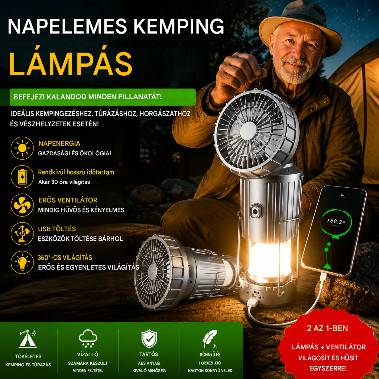 💡Hordozható napelemes kempinglámpa, ultra hosszú akkumulátor-üzemidő, kültéri sátorlámpa