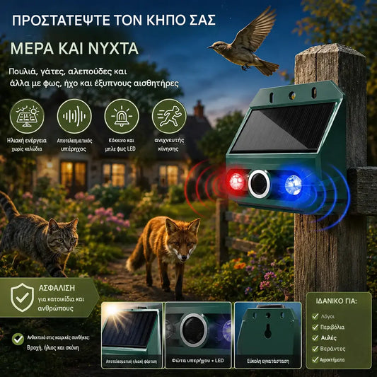 1 τεμάχιο 29€🔥Ηλιακό υπερηχητικό απωθητικό ζώων για εξωτερική χρήση, απωθητικό πτηνών με υπέρυθρο φως που αναβοσβήνει με κόκκινο και μπλε LED