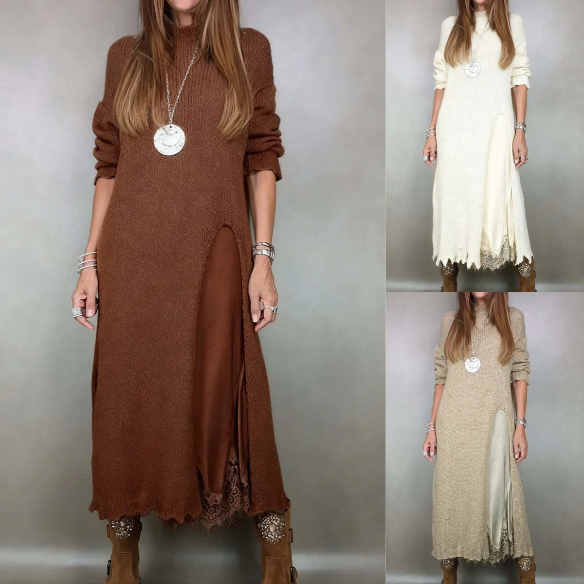 💖【Jesensko-zimski bestseler】🔥【XS-3XL】👗 Damski jesensko-zimski pleteni dugi haljinski komplet s bočnim prorezom, elegantna, topla i udobna haljina