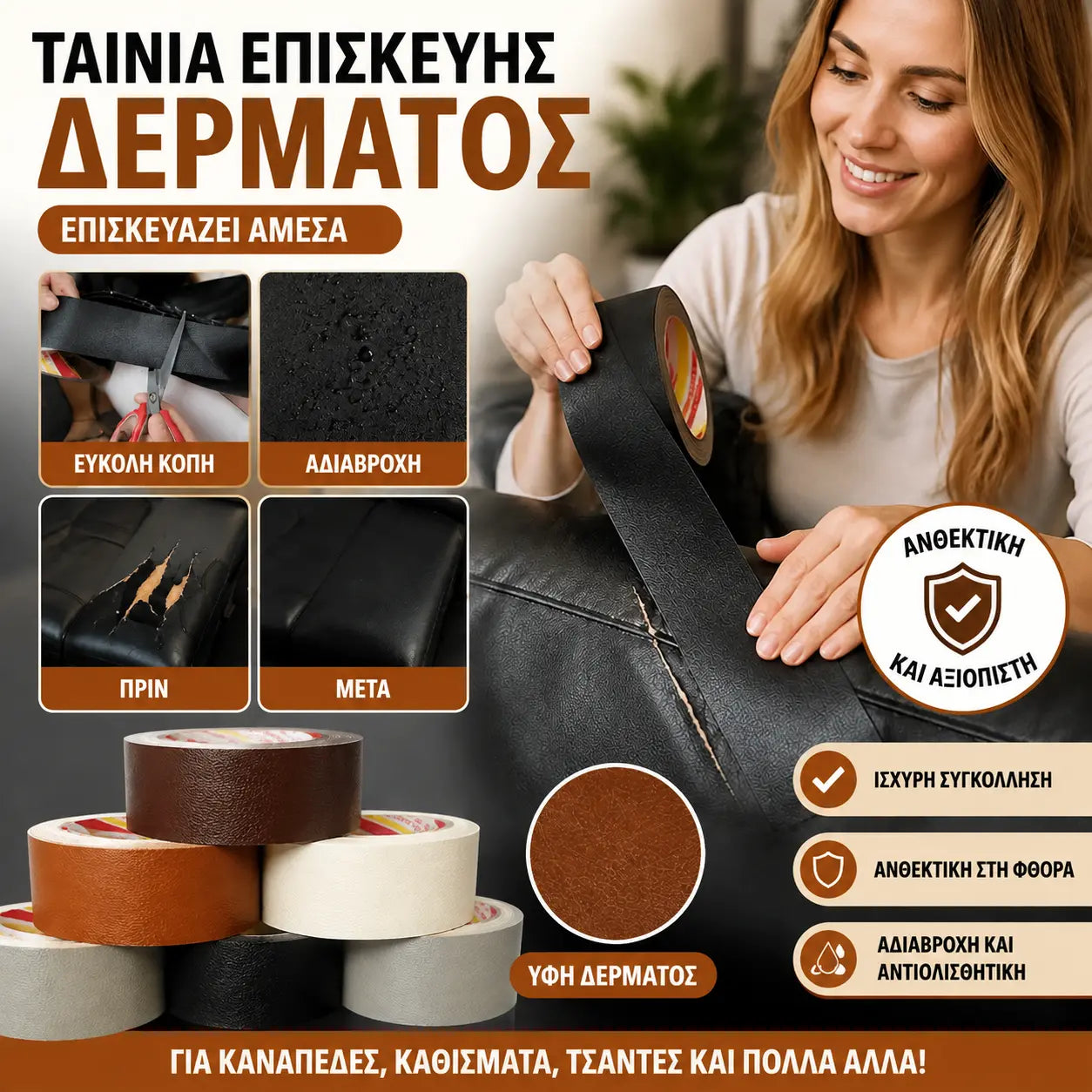 【20cm*3m】Ισχυρό αυτοκόλλητο έμπλαστρο για την επισκευή δέρματος, την αποκατάσταση και την επιδιόρθωση ξεφλουδισμένου και σκισμένου δέρματος