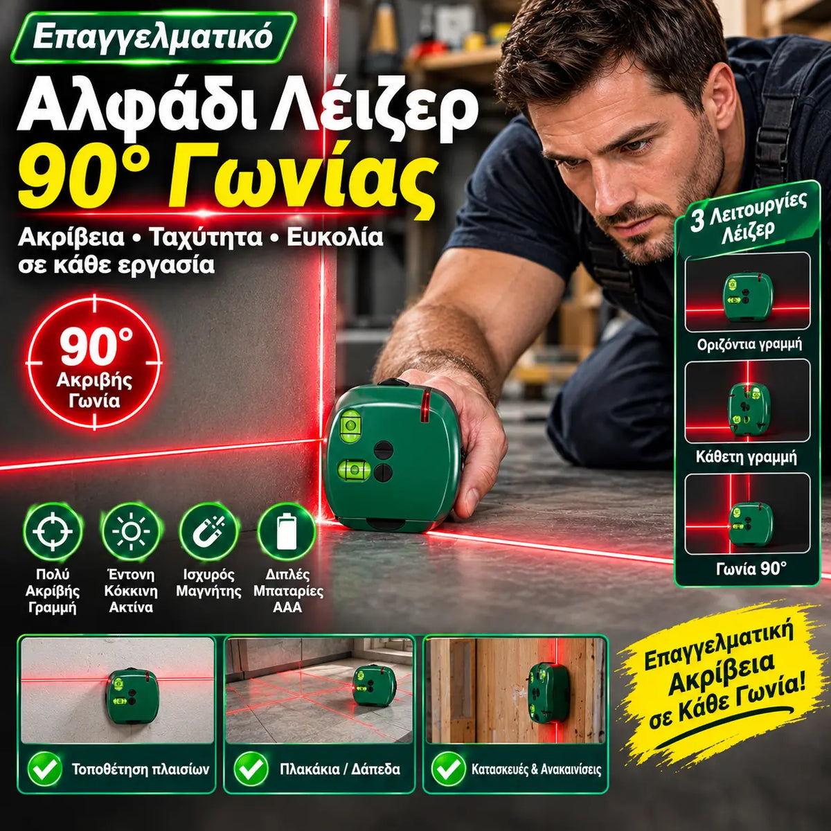 🔴 Αλφάδι λέιζερ ορθής γωνίας 2 σε 1 – Γρήγορη ακρίβεια χωρίς σπάγκο σήμανσης