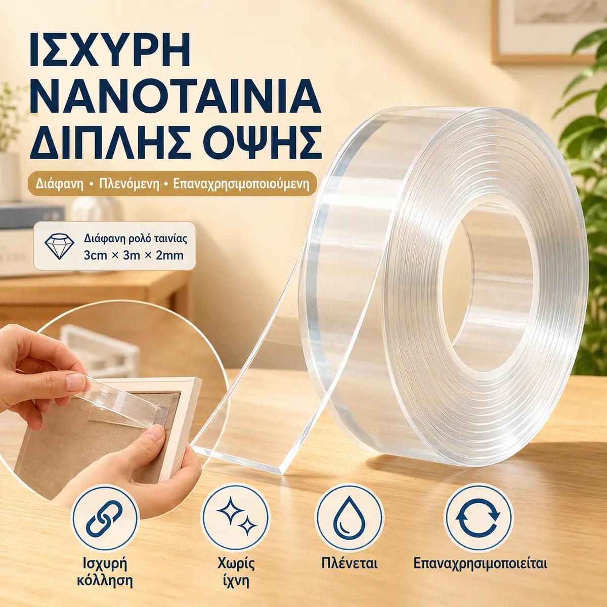 💧 【【2 τόμοι】3cm*1m*2mm——26€】Νανοκολλητική διπλής όψης, υψηλού ιξώδους, διαφανής ακρυλική ταινία, αδιάβροχη, ανθεκτική στη σκόνη