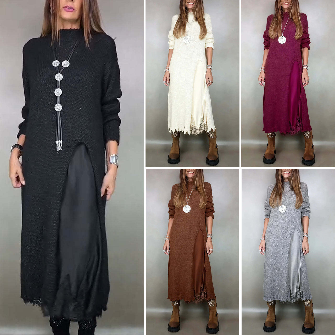 💖【Jesensko-zimski bestseler】🔥【XS-3XL】👗 Damski jesensko-zimski pleteni dugi haljinski komplet s bočnim prorezom, elegantna, topla i udobna haljina