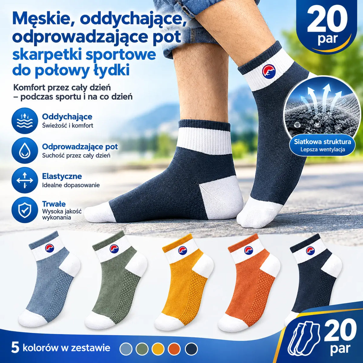 【20 par】🧦🌈Męskie, oddychające, odprowadzające pot skarpetki sportowe do połowy łydki