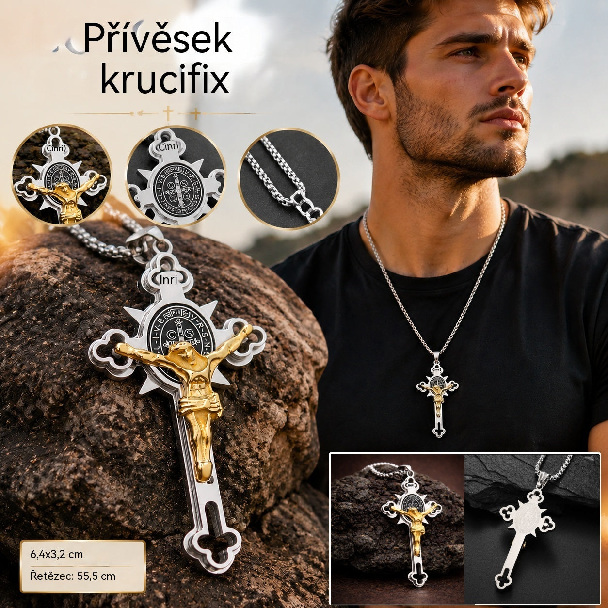 Přívěsek s křížem ve vintage stylu – přívěsek svatého Benedikta odolný proti zašpinění s nastavitelným řetízkem