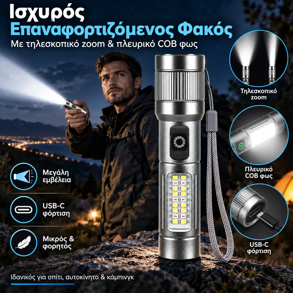 1 τεμάχιο 28 ευρώ 🔦 Πολυλειτουργικός φακός LED με zoom