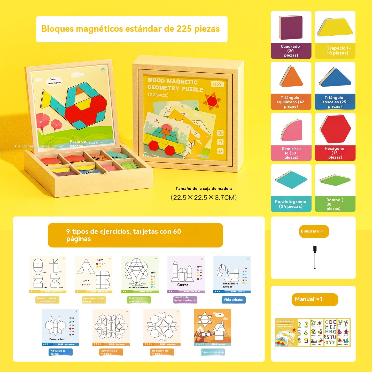 👶🌈🧩【225 piezas】🔥Juguete de rompecabezas Tangram magnético de madera, entrenamiento cerebral y juguete educativo para niños, estimula el pensamiento
