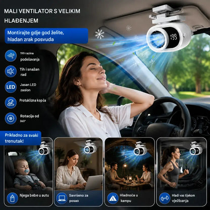 🌀 Ventilator bez upotrebe ruku s LED zaslonom, ugrađenom kopčom i 199 podesivim razinama