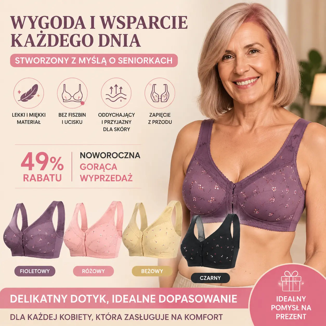 [Zestaw czterech części] Wygodny bawełniany biustonosz z zapięciem z przodu – idealny dla kobiet w średnim wieku.