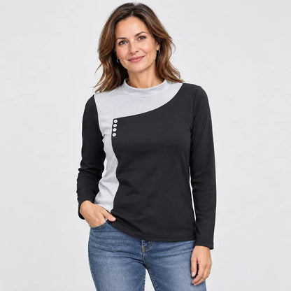 ✨【S-3XL / 6 kolorów】Bluzka ze stójką i ozdobnymi guzikami, w stylu color-block (lekki polar termiczny)