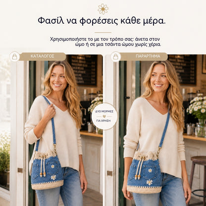 Μια υφαντή τσάντα από τζιν σε μποέμ στιλ που συμπληρώνει κάθε σας εμφάνιση ✨