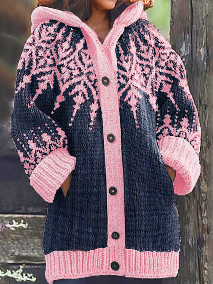 ⛄❄️【S~5XL】Elegantní retro bunda s kapucí pro ženy – Stylové barevné bloky a sněhové vločky pro zimní eleganci