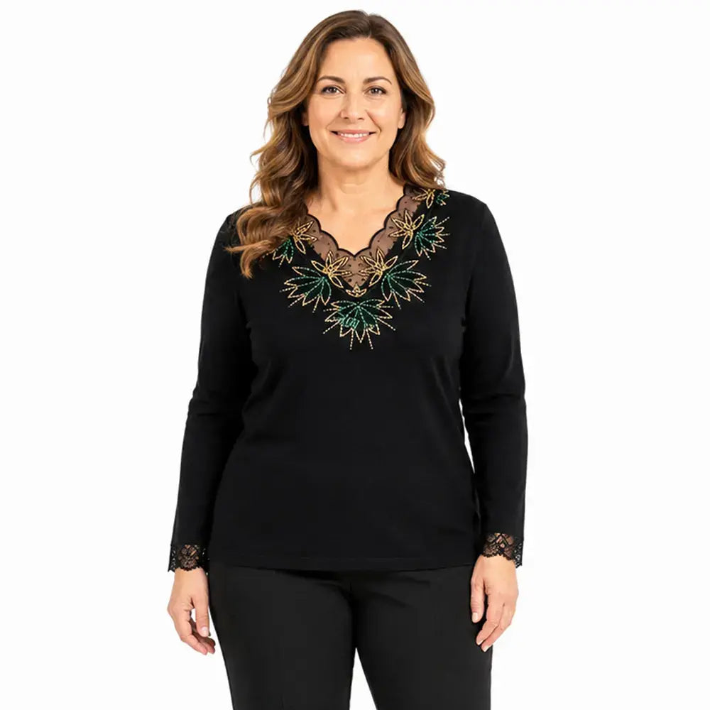 【M-5XL】👚Damska koronkowa bluzka z siateczki i dekoltem w serek – czarna bluzka z haftem – elegancka koszulka warstwowa na jesień i zimę