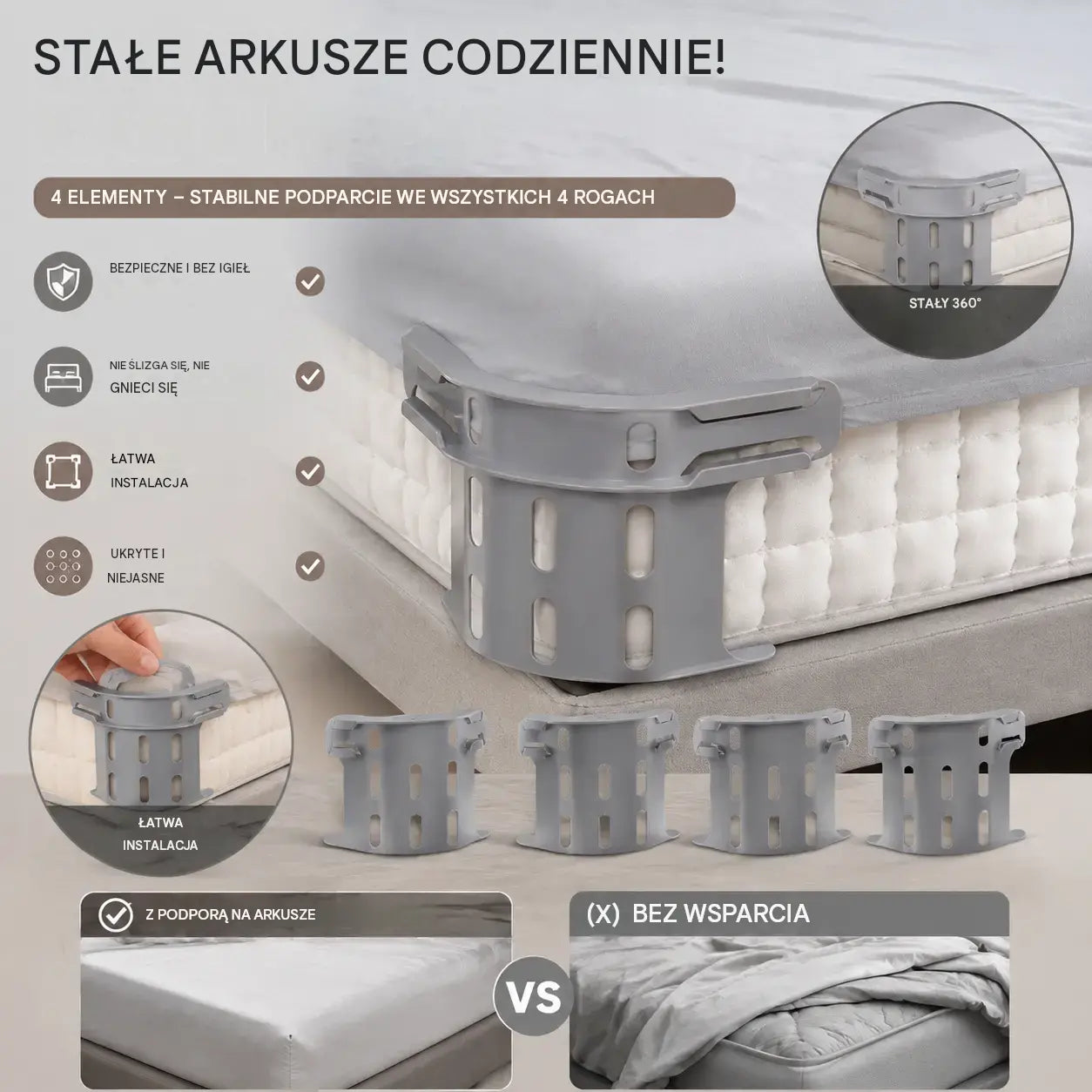 Zestaw czterech sztuk - 99zł  🛏️ Ukryte klipsy na cztery narożniki – zapobiegają przesuwaniu się lub zsuwaniu prześcieradeł, utrzymując je płasko i bezpiecznie.