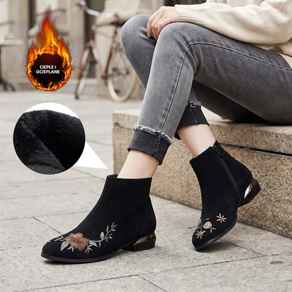 【35-40】Damskie botki na jesień i zimę – w stylu retro, z haftem etnicznym, ocieplane, z zamkiem, z materiału