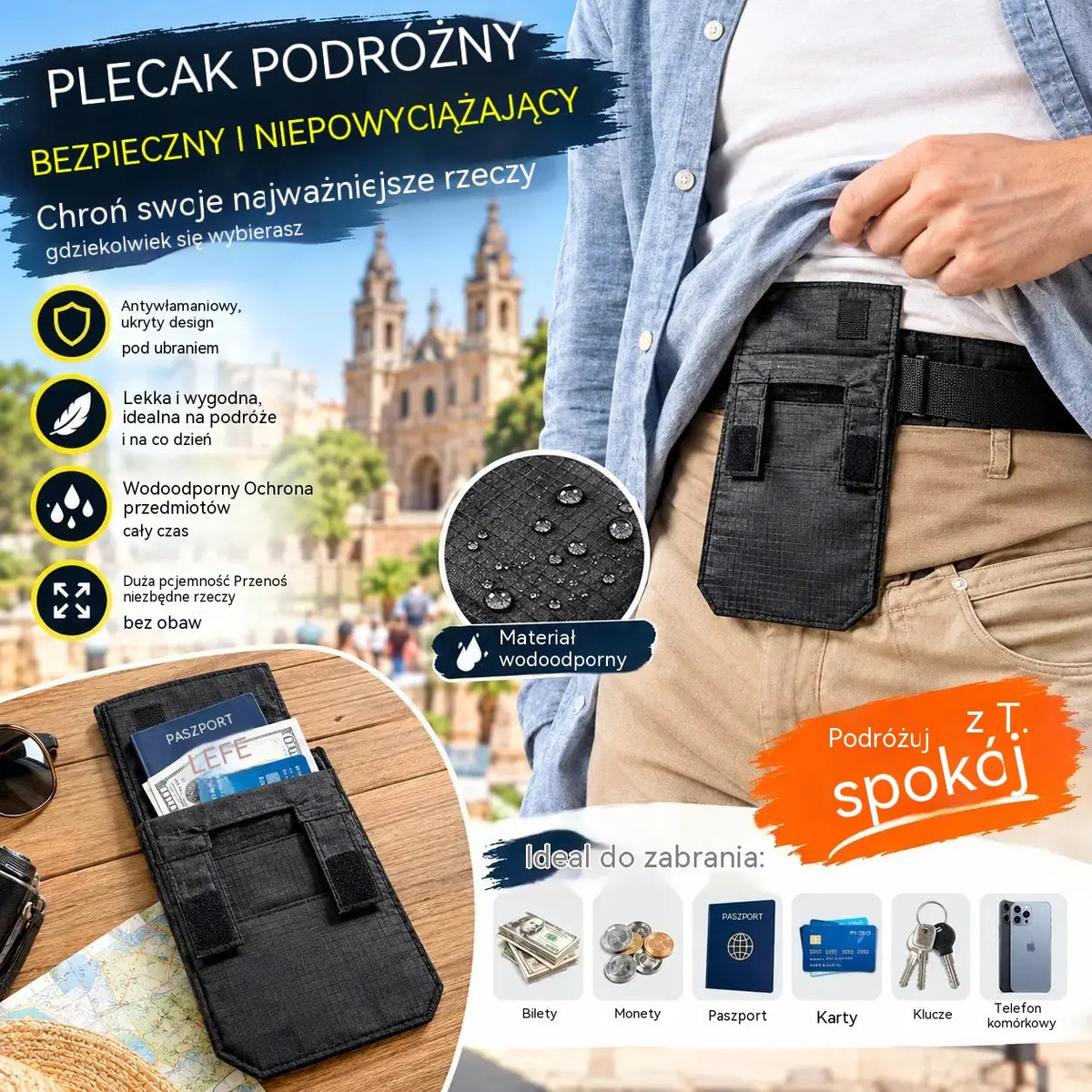 💳✈️ Dyskretny pas biodrowy na paszport, gotówkę i karty – Poręczna i bezpieczna saszetka na lotniska, wycieczki miejskie oraz wyprawy w teren 🌍