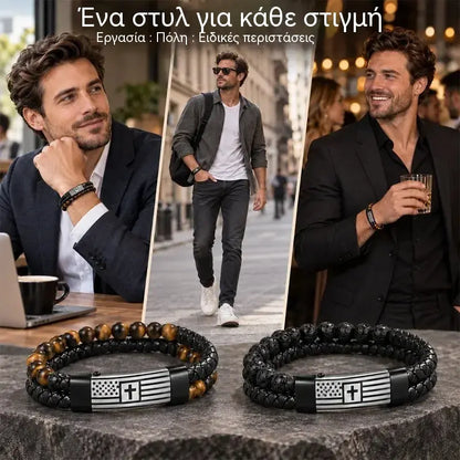 ✝️ Ανδρικό δερμάτινο βραχιόλι με σταυρό | Σχέδιο διπλής πλέξης με ηφαιστειακή πέτρα και μάτι της τίγρης