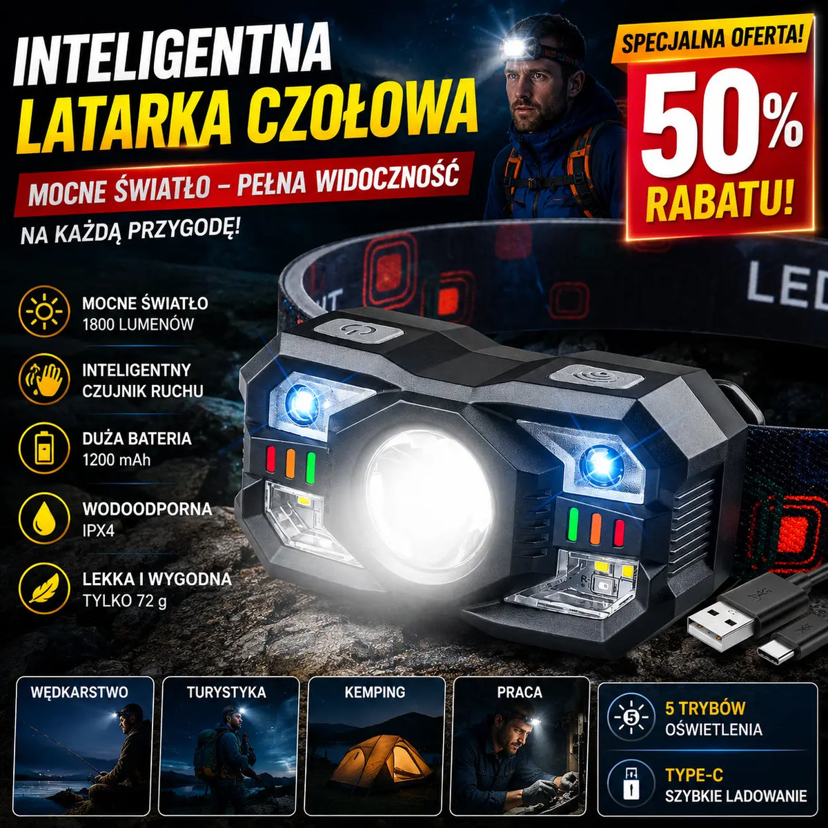 💡🌟【Gorąca sprzedaż】🔥🔥Inteligentna lampa indukcyjna o długim czasie pracy baterii, montowana na głowie, nocna latarka wędkarska