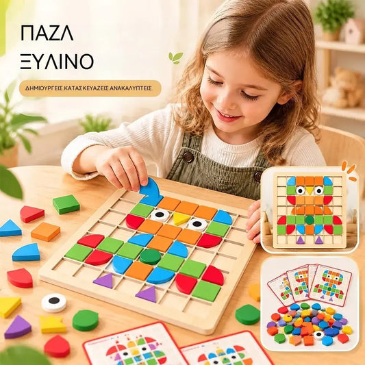 🧩 Ξύλινο παζλ για παιδιά, ένα εκπαιδευτικό παιχνίδι 3D με 120 κομμάτια και κάρτες με σχέδια — ένα εργαλείο μάθησης που εξασκεί τη λογική σκέψη και την αναγνώριση γεωμετρικών σχημάτων 🎨