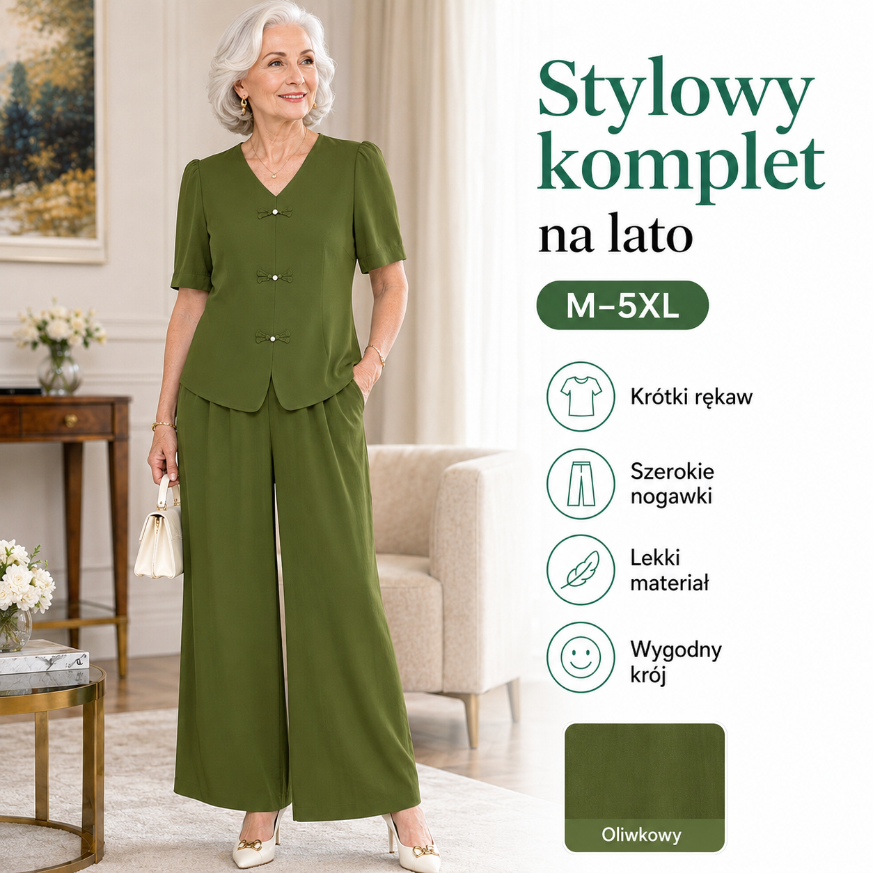 1 zestaw 119 zł🌸【Top + Spodnie z szerokimi nogawkami】Elegancki letni komplet damski 2-częściowy, M–5XL