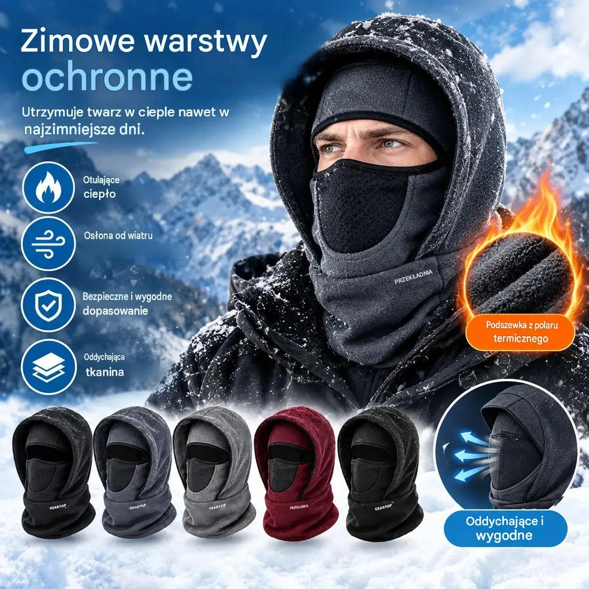 🎉🧣❄️ Dwuwarstwowa czapka polarowa, ciepła, wiatroszczelna i wyrzucana twarz, idealna na zimę.