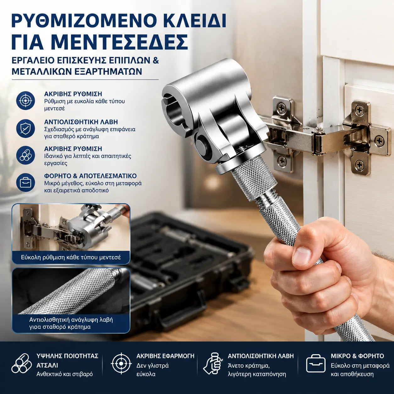 🧰🔧Γενικό ρυθμιζόμενο κλειδί μεντεσέ πόρτας, Ρυθμιζόμενο κλειδί μεντεσέ πόρτας, εργαλείο επισκευής εξαρτημάτων επίπλων, αντιολισθητική λαβή για ακριβή ρύθμιση.