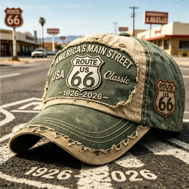 Regulowana czapka baseballowa w stylu retro Route 66, idealny wybór dla miłośników kolarstwa.