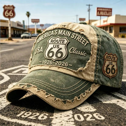 Regulowana czapka baseballowa w stylu retro Route 66, idealny wybór dla miłośników kolarstwa.
