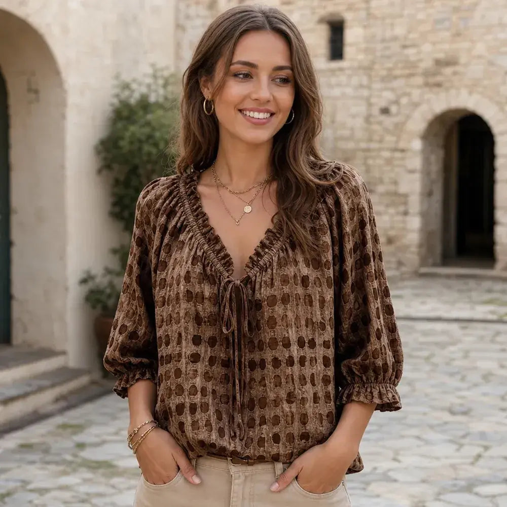 👚 Dámská boho košile – puntíky, volány, žebrované manžety 🌸 Lehká, prodyšná, měkká jako bavlna – ideální na léto! ✨