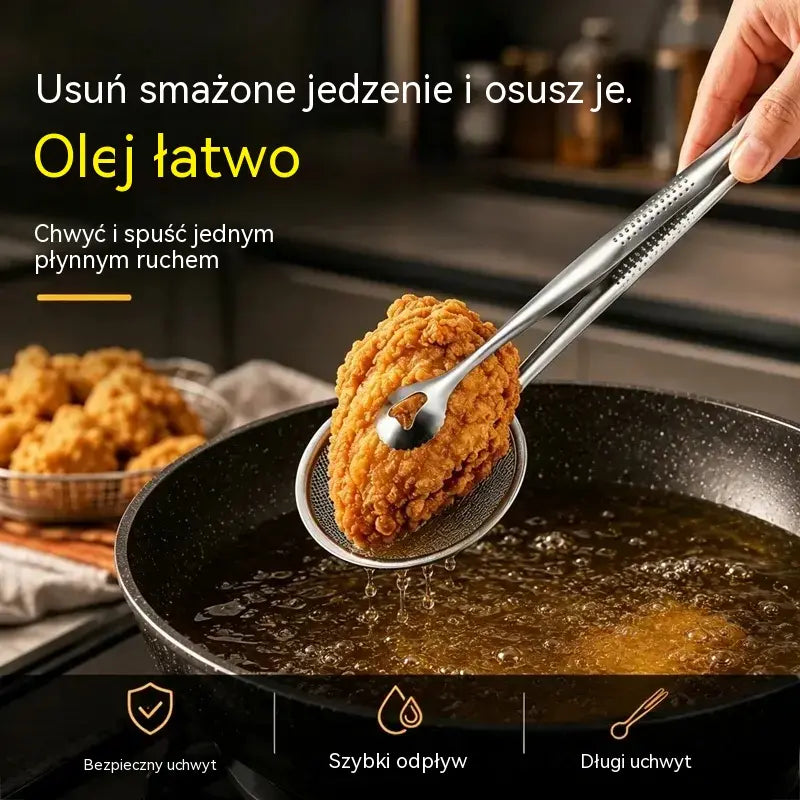 Szczypce do żywności i sitko do oleju 2 w 1 ze stali nierdzewnej