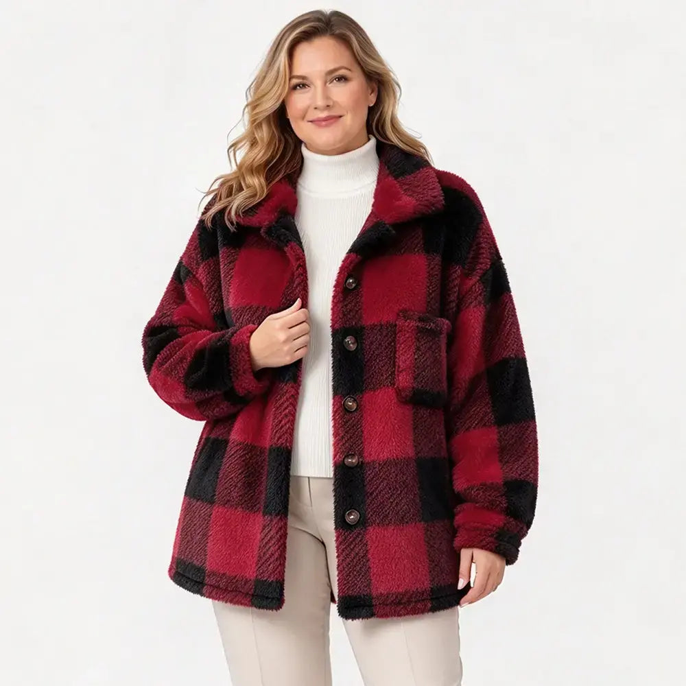 🧥【S-5XL】Damski pluszowy płaszcz w kratę, gruby materiał ze sztucznego futra, luźny krój, ciepła kurtka jesienno-zimowa🥰