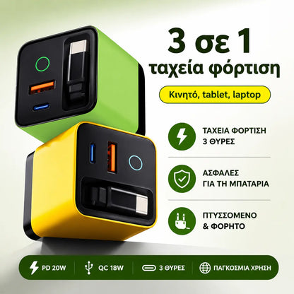 Φορτιστής τοίχου γρήγορης φόρτισης 80W με αναδιπλούμενο καλώδιο USB-C 80 cm.