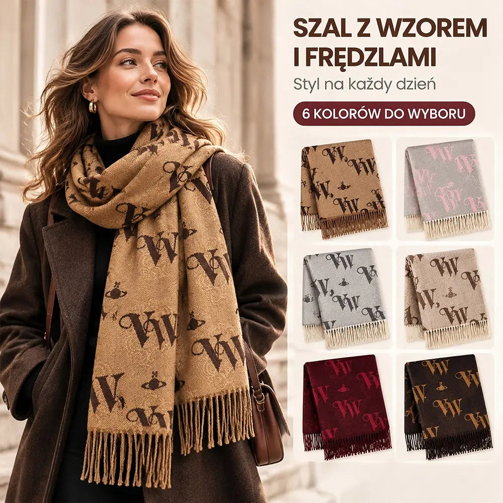 【68×180cm】Damski szal zimowy z literami – dwustronna peleryna, długi, żakardowy, ciepły, na jesień i zimę