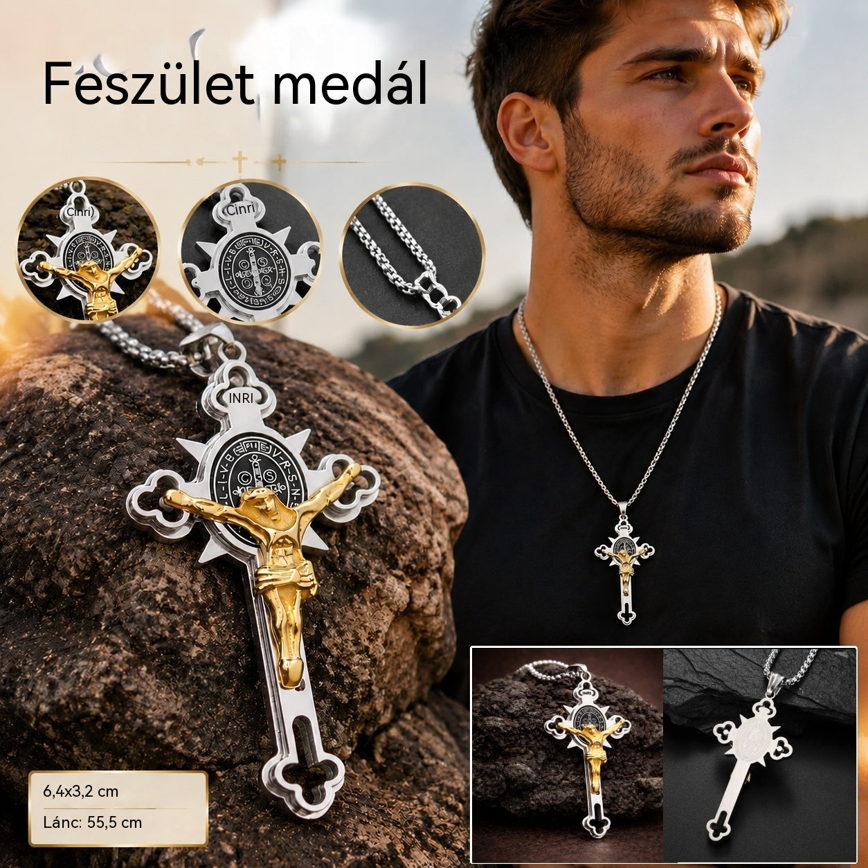 Vintage stílusú kereszt medál – foltálló Szent Benedek medál állítható lánccal