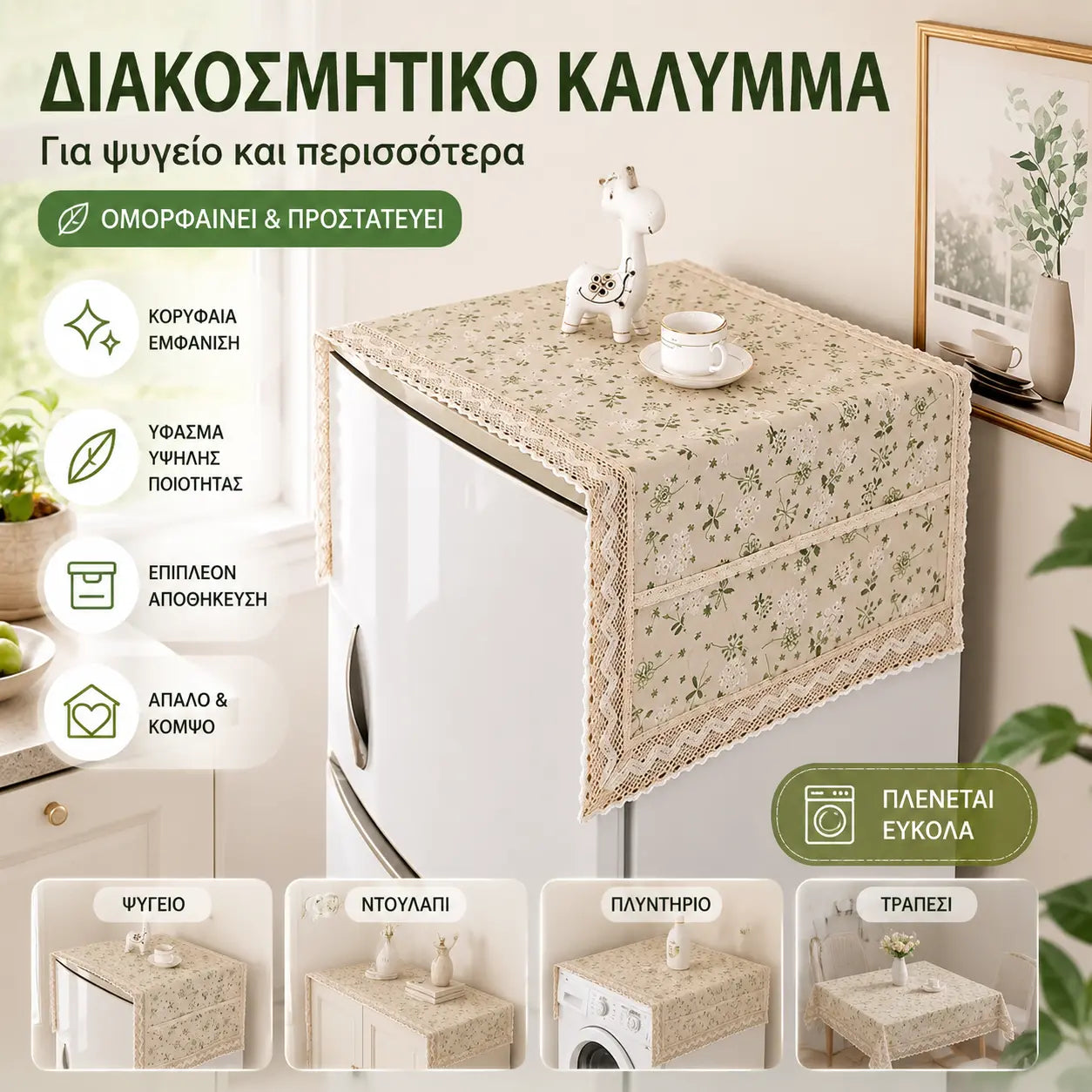 💖 Προσφορά τελευταίας ημέρας! 💖【55 × 120 cm】 ✨ Κάλυμμα ψυγείου από βαμβάκι και λινό (ανθεκτικό στη σκόνη και το λίπος) με θήκες αποθήκευσης