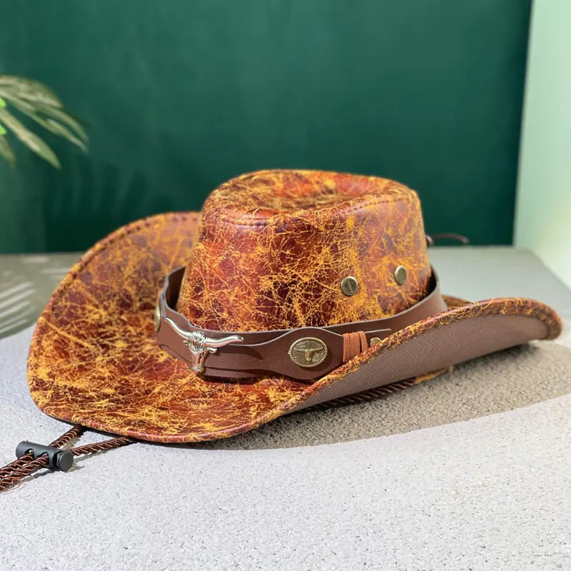 🤠Απολαύστε τώρα έκπτωση 50%! 🌟Ρετρό καπέλο καουμπόη με φαρδύ γείσο και λουράκι κουκούλας - Φεντόρα σε στιλ Western με φθαρμένη όψη