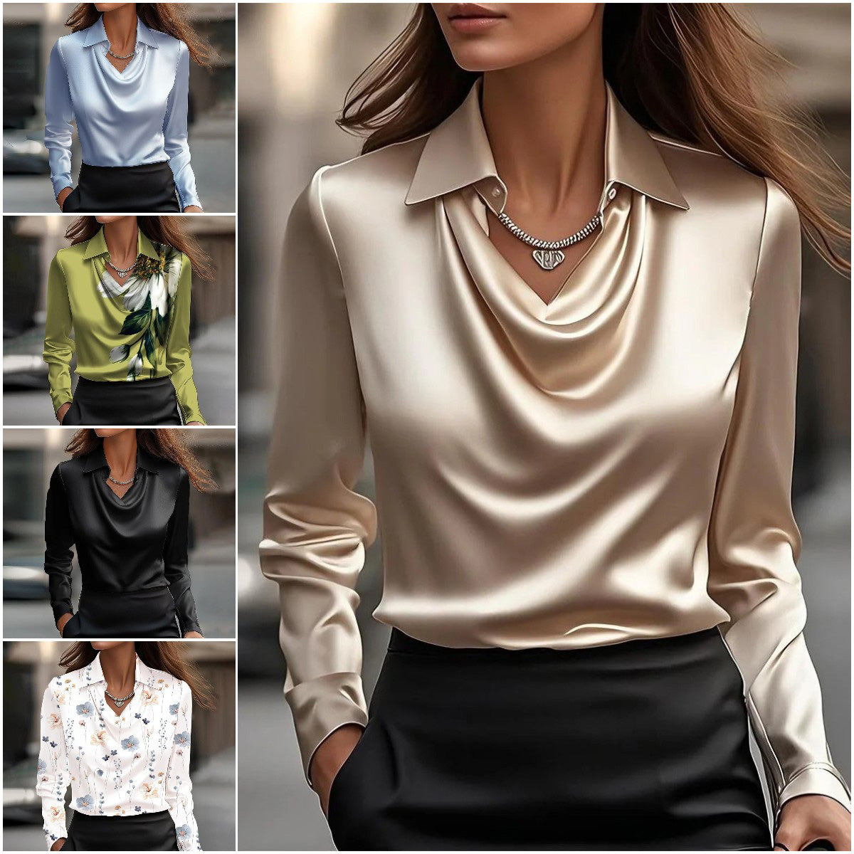 🔥【Nueva moda de otoño e invierno】✨Camisa de solapa estampada de color sólido para mujer