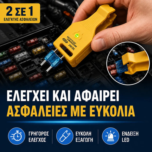 ⚡ Δοκιμαστής ασφαλειών αυτοκινήτου 2 σε 1 και πένσα (Συμβατό με 12V/24V / Πράσινη ένδειξη LED / Ρυθμιζόμενο διάκενο / Πένσα που τραβιέται έξω / Κατάλληλο για αυτοκίνητα, φορτηγά και πλοία)! 🚗✨