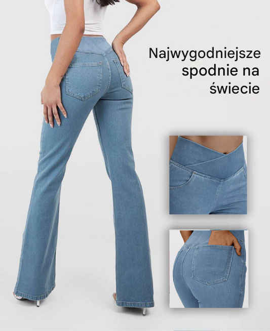 🔥✨【XS-4XL】🌷🌈Нови тесни дънки с висока талия и широки крачоли, стягащи и повдигащи ханша