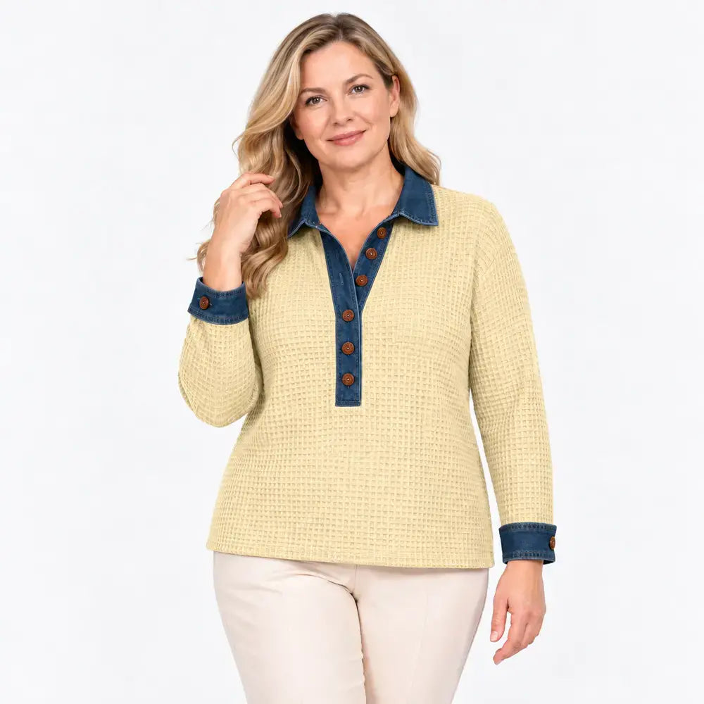 【S-5XL】Nowy bestsellerowy damski sweter dzianinowy 2026 – z nadrukiem, łączony, jeansowy, luźny, z długim rękawem i kołnierzykiem