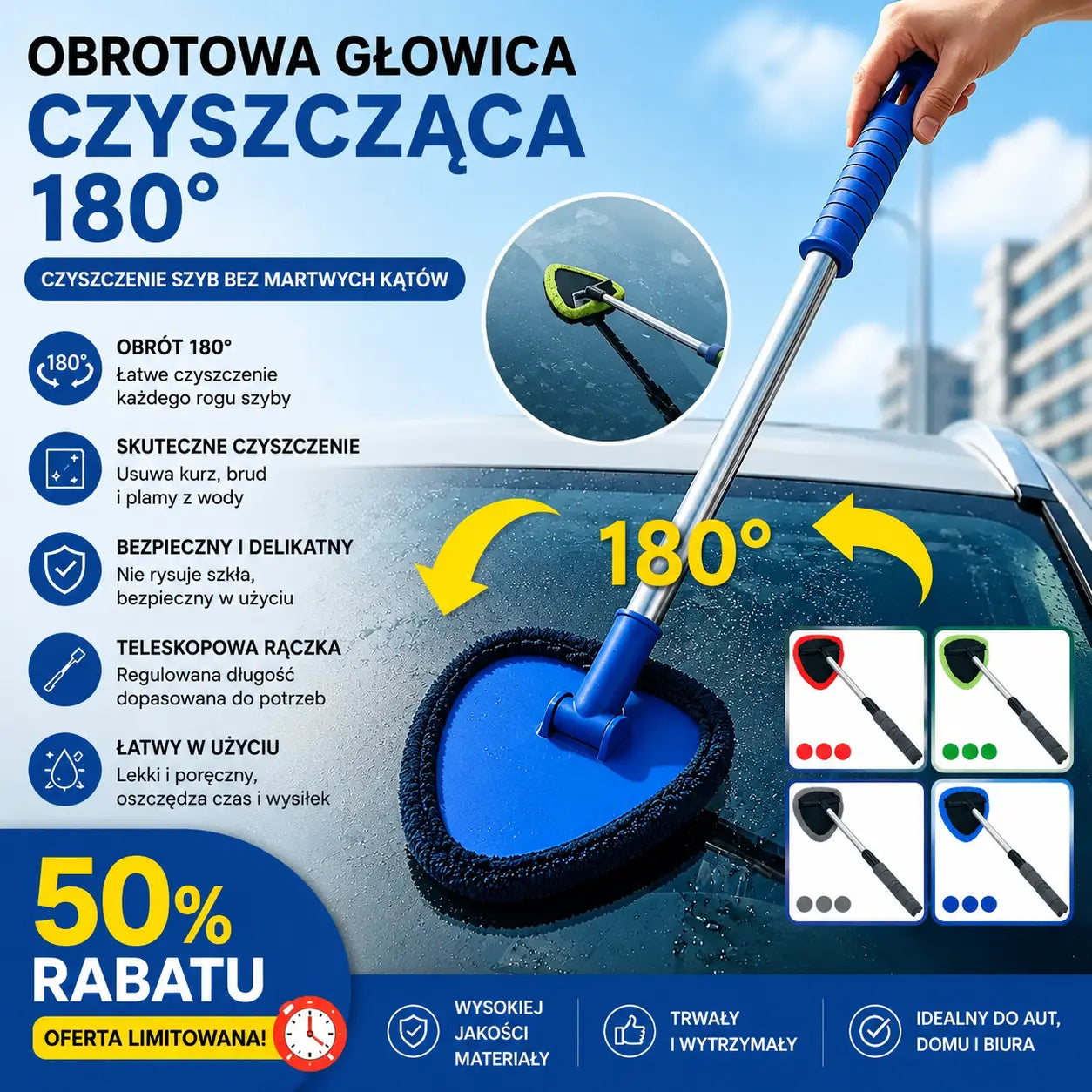 🎁【2 trójkątne plastikowe elementy + 8 pokrowców z materiału】Zestaw do czyszczenia szyb samochodowych – rozkładany i obracany o 180°