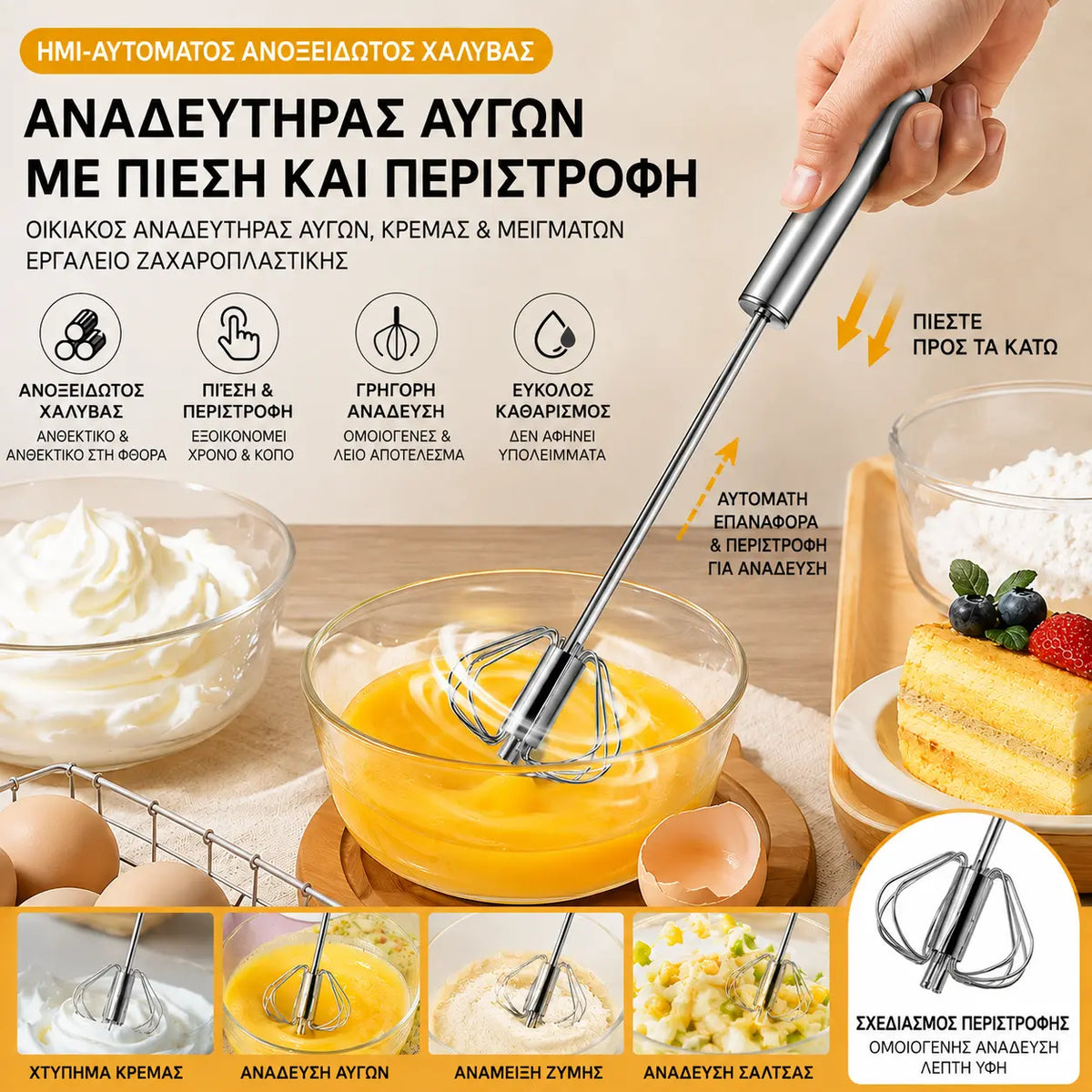 [σετ 2 τεμαχίων] Ημιαυτόματο χτυπητήρι αυγών από ανοξείδωτο ατσάλι