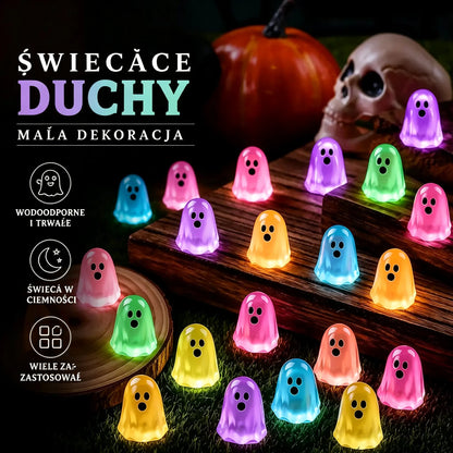 💥 50% zniżki! 👻 Świecące w ciemności figurki duchów – 60 sztuk w opakowaniu. Urocze wzory, wykonane z nietoksycznej żywicy. Idealne do dekoracji na Halloween i imprezy.