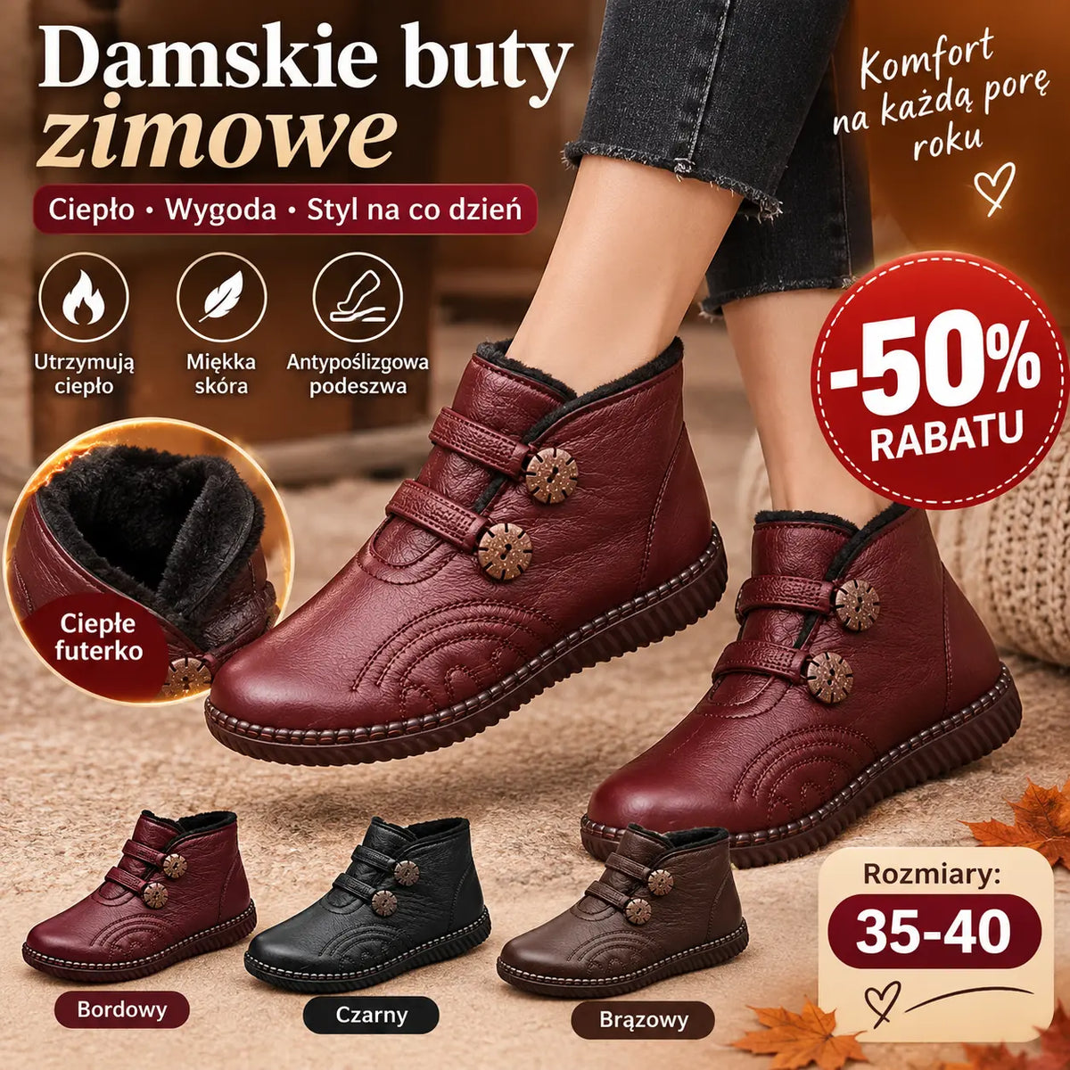 🔥👢35-40🔥Buty damskie ze skóry naturalnej, z antypoślizgową podeszwą, odpowiednie na jesień i zimę, ręcznie wykonane we Włoszech.