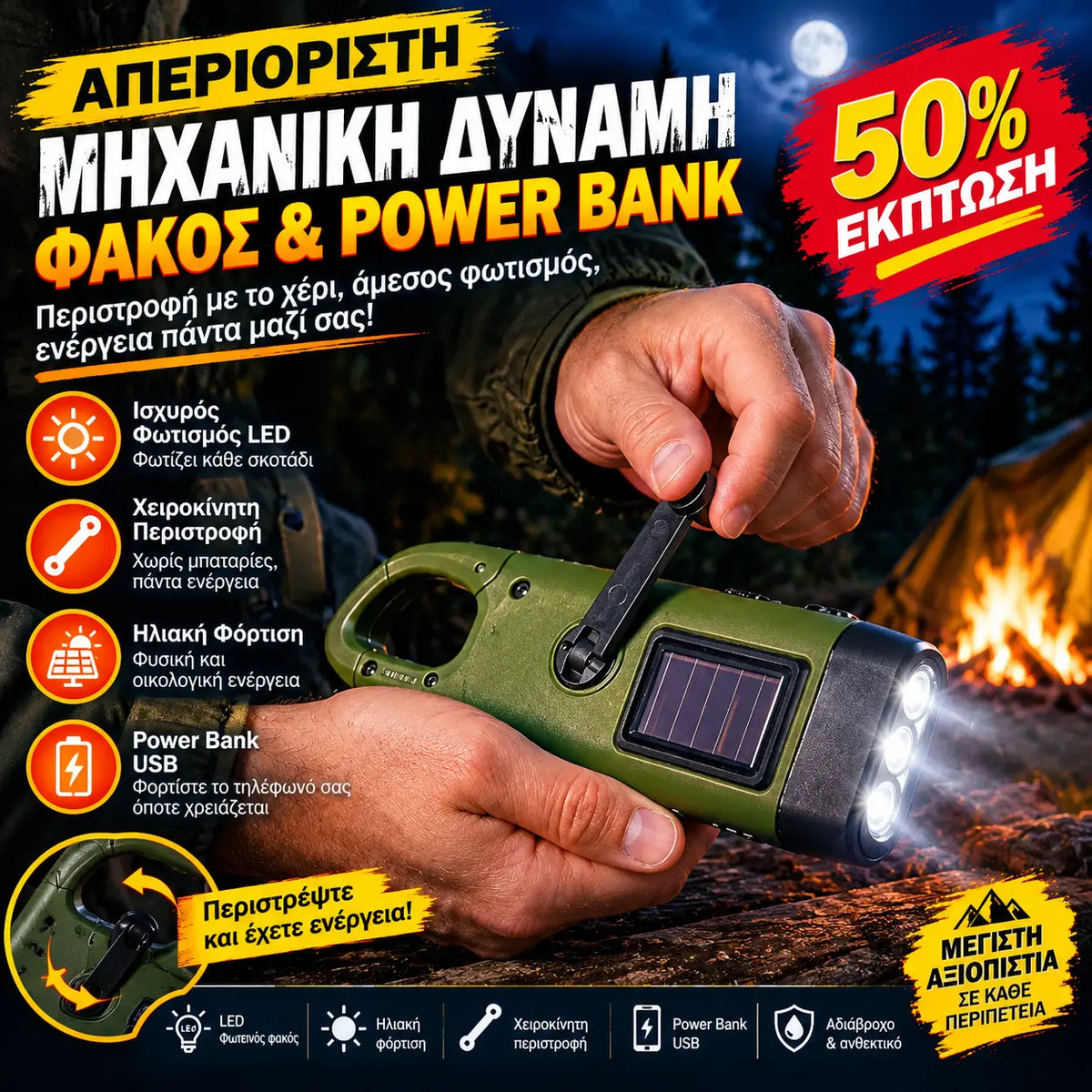 🔦☀️Φορητός φακός με μανιβέλα και ηλιακή φόρτιση✅